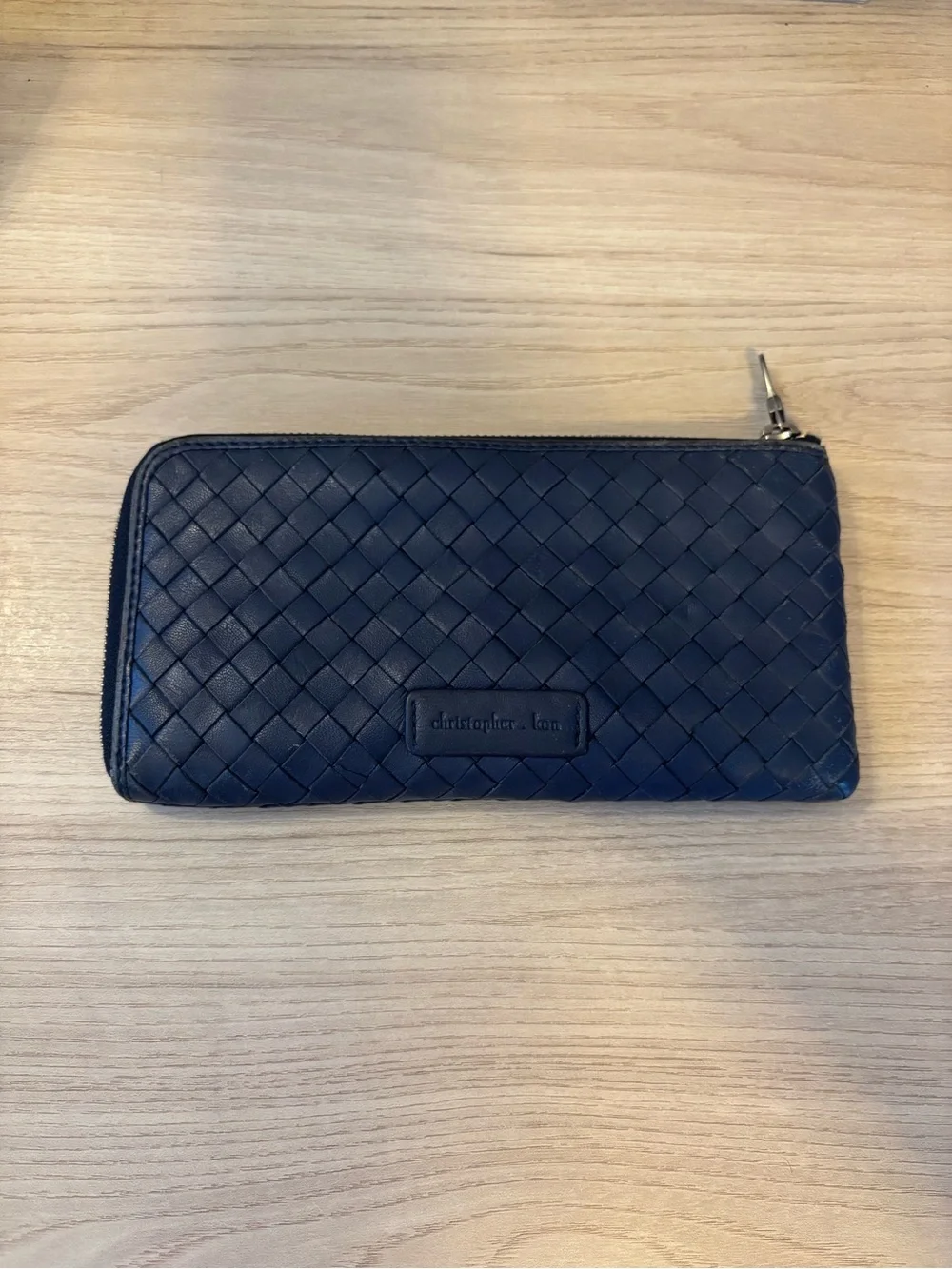 Christopher Kon Navy Woven Leather Zip Wallet